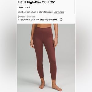 NTW Lululemon Instill HR 25" leggings in Smokey Red